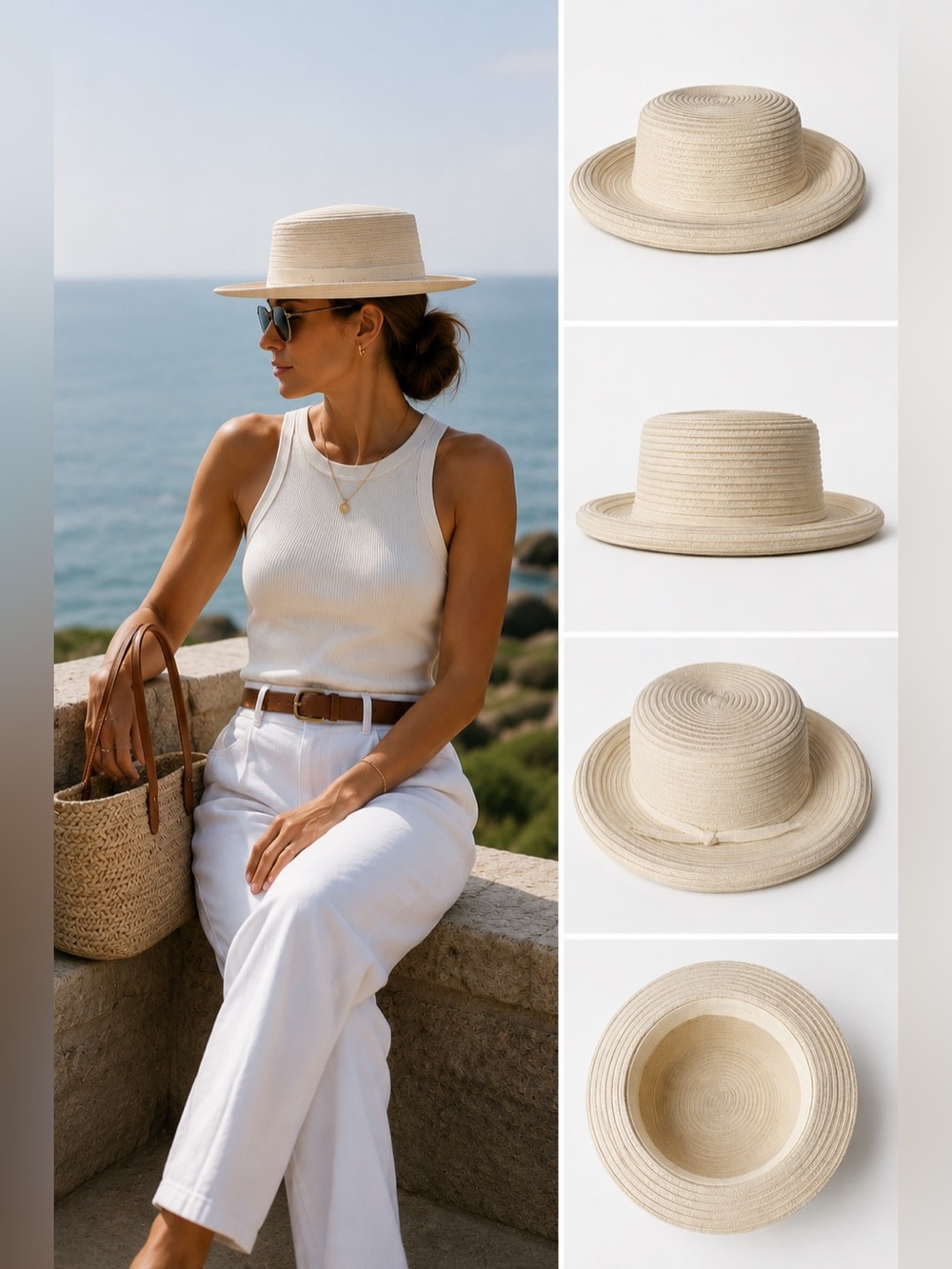 Women’s Straw Boater Hat Cream Coastal Minimal Summer Beach Size Medium